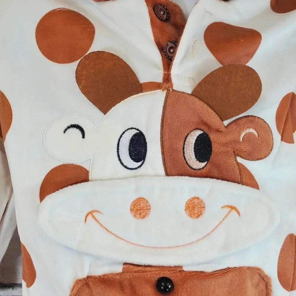 6-9M Super Soft Brown and White Cow 2 piece Velvet with Hooded Ears Baby Set - Picture 6 of 9